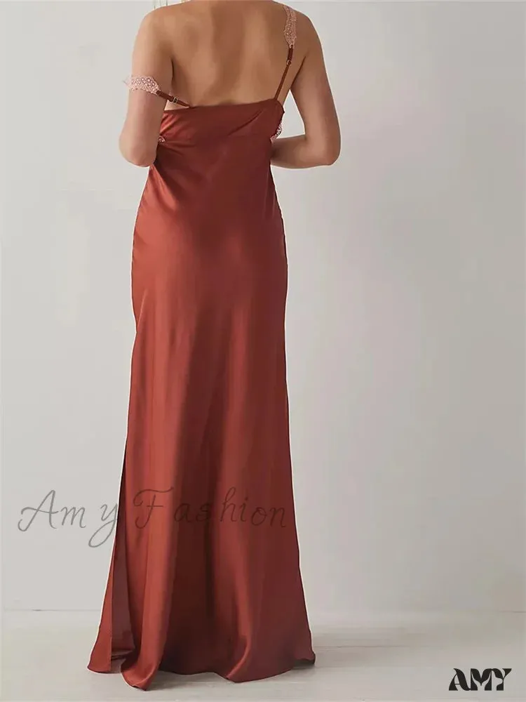 Amy Fashion - Sexy Women Side High Split  Sleeveless Deep V-neck Backless Summer Lace Trim Cocktail Party Vestidos