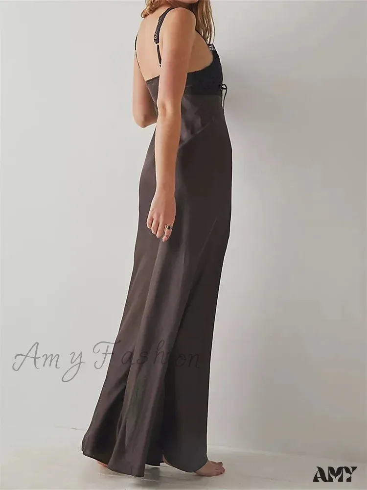 Amy Fashion - Sexy Women Side High Split  Sleeveless Deep V-neck Backless Summer Lace Trim Cocktail Party Vestidos