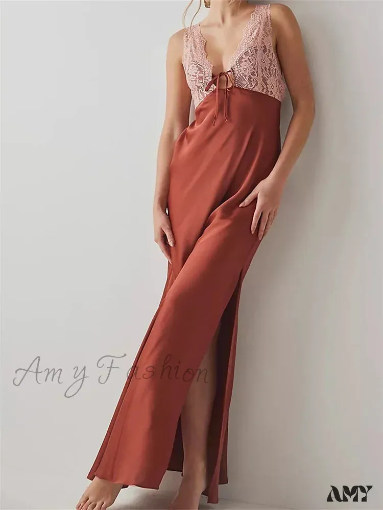 Amy Fashion - Sexy Women Side High Split  Sleeveless Deep V-neck Backless Summer Lace Trim Cocktail Party Vestidos