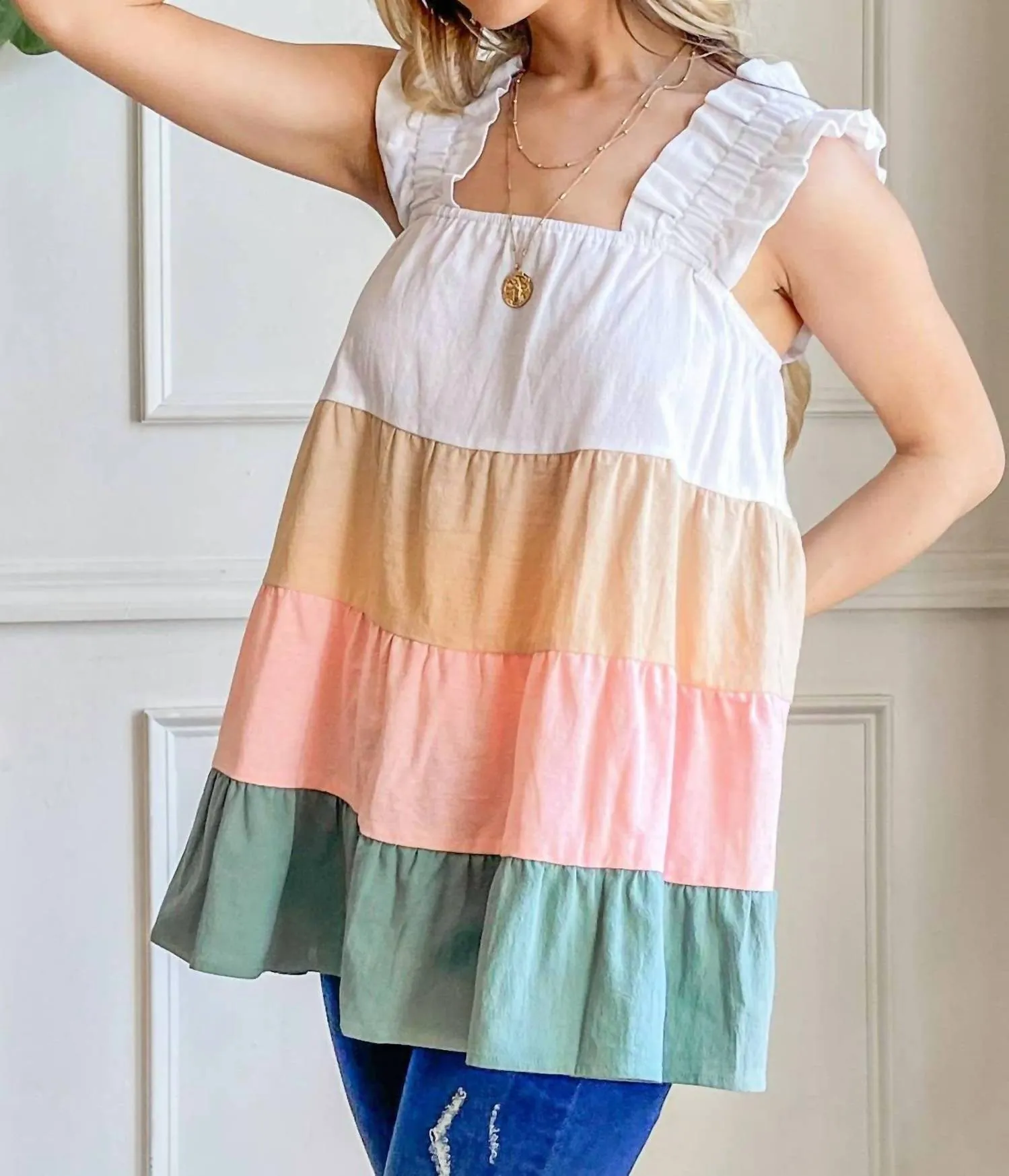 And The Why - Color Block Ruffle Straps Tank Top