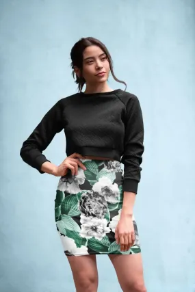 BLACK AND WHITE FLORAL GARDEN GLAMOR Pencil Skirt