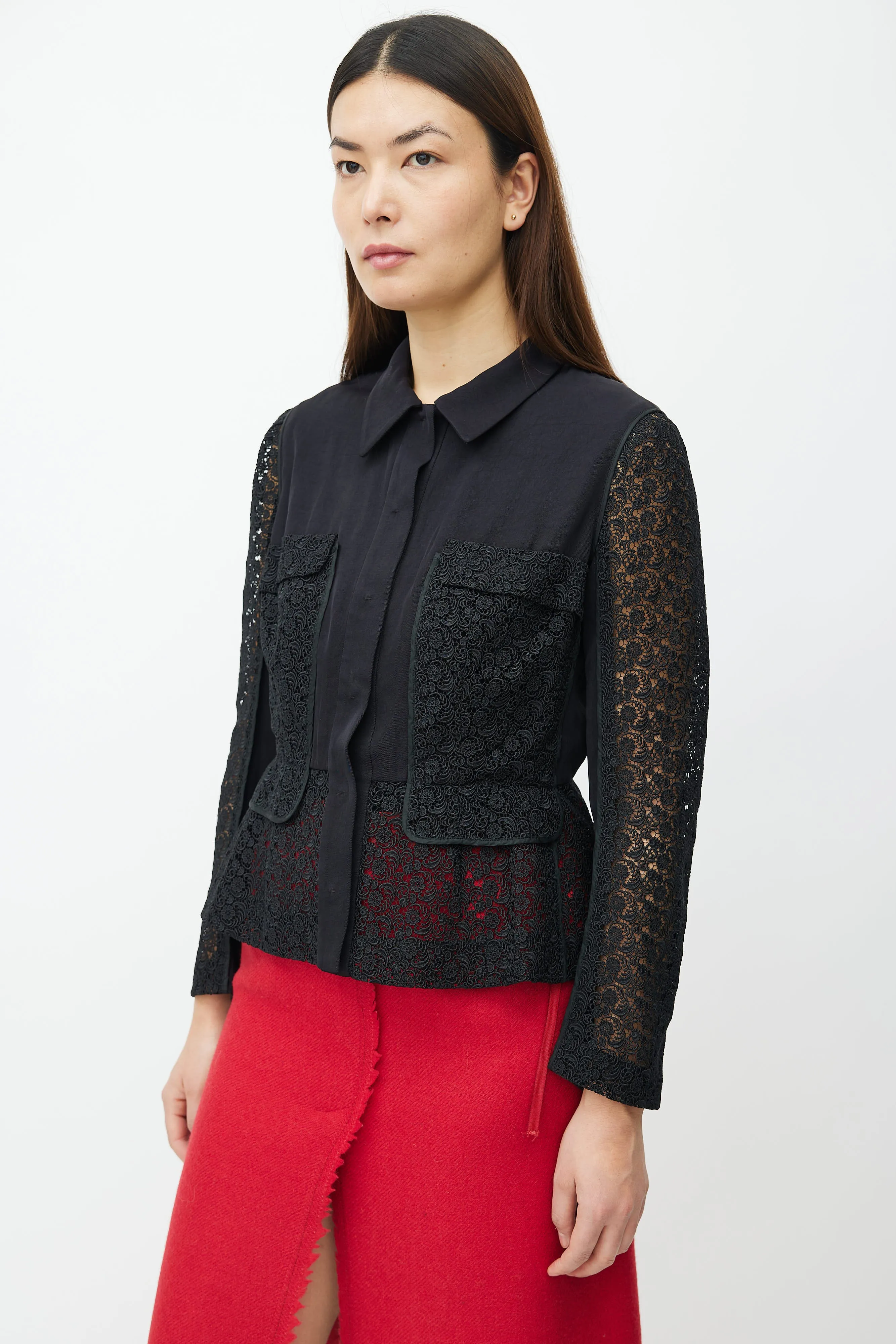 Black Floral Lace Peplum Shirt