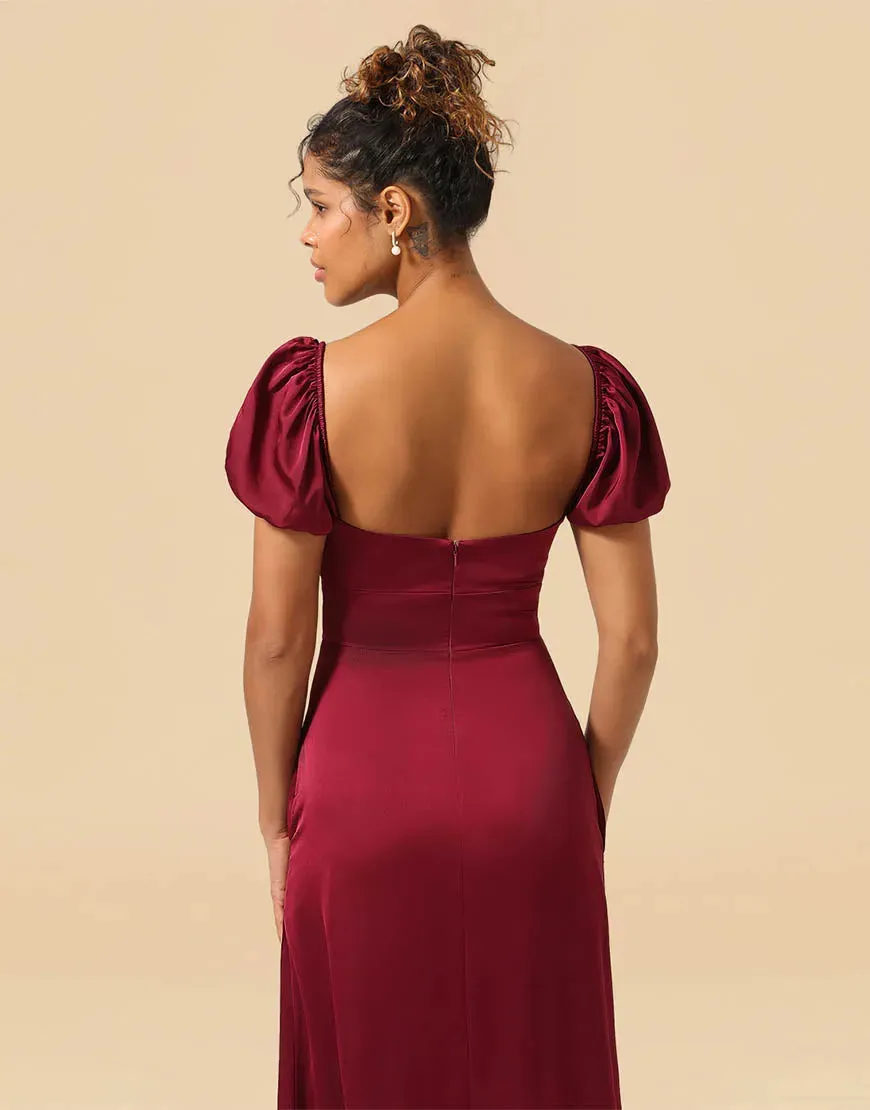 Bridesmaid Dresses Sheath Tea Length Puff Sleeves Satin With Split