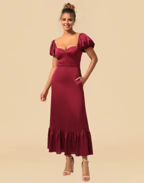 Bridesmaid Dresses Sheath Tea Length Puff Sleeves Satin With Split
