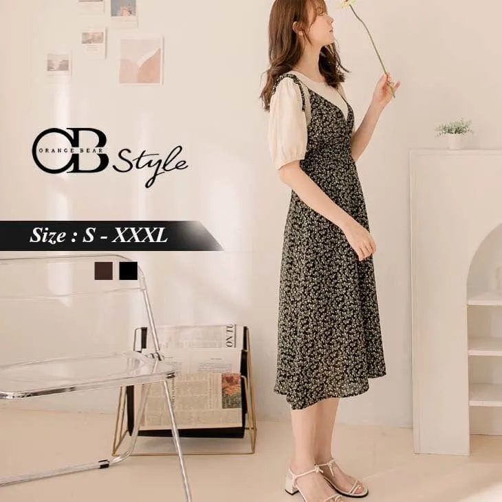 FAKE TWO PIECE PRINTED SHORT SLEEVE MAXI DRESS