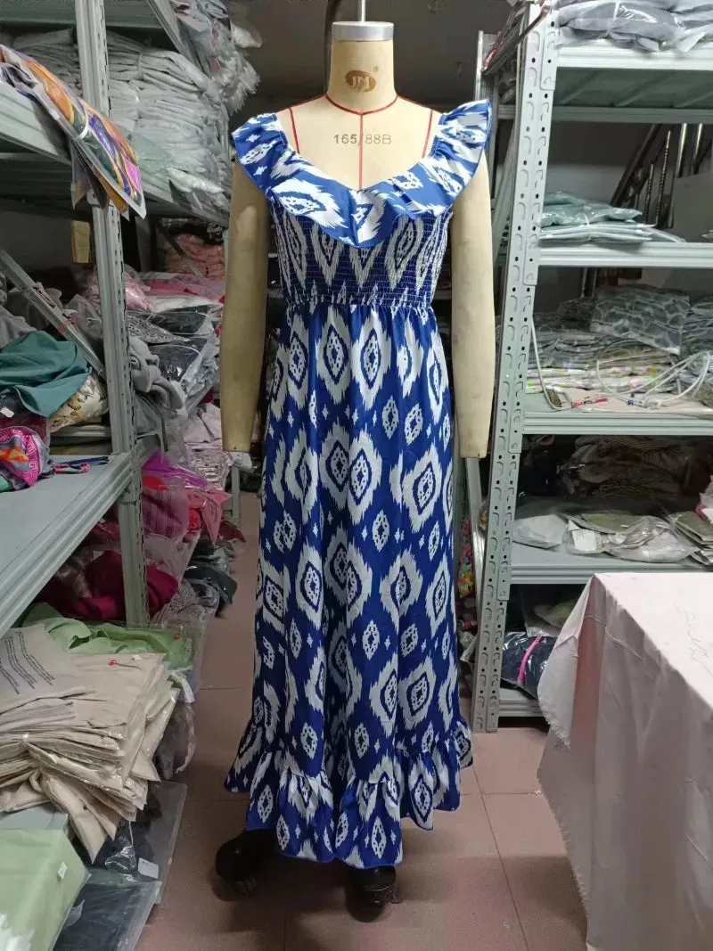 Fashion Beach Long Print for Women 2024 New Summer Hot Sale Deep V Printed Female Ruffled Long Maxi Dress