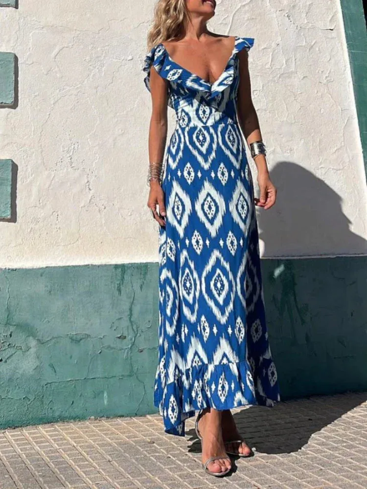 Fashion Beach Long Print for Women 2024 New Summer Hot Sale Deep V Printed Female Ruffled Long Maxi Dress
