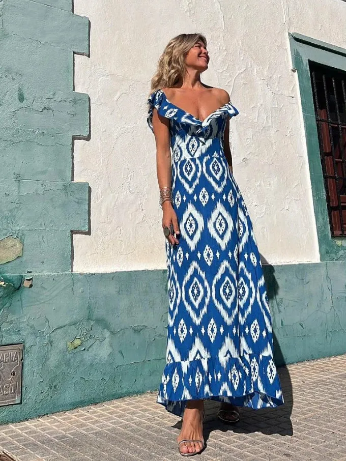 Fashion Beach Long Print for Women 2024 New Summer Hot Sale Deep V Printed Female Ruffled Long Maxi Dress