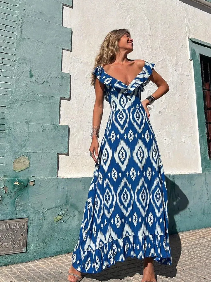 Fashion Beach Long Print for Women 2024 New Summer Hot Sale Deep V Printed Female Ruffled Long Maxi Dress