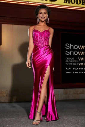 Fashion Prom Dresses Sheath V Neck Applique Satin Slit Dress Evening Dress