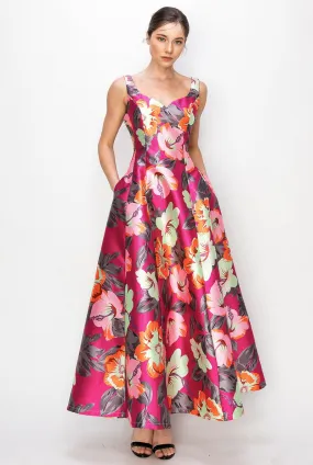 Pink Floral Flower Print Heart Neckline Sleeveless Maxi Skirt