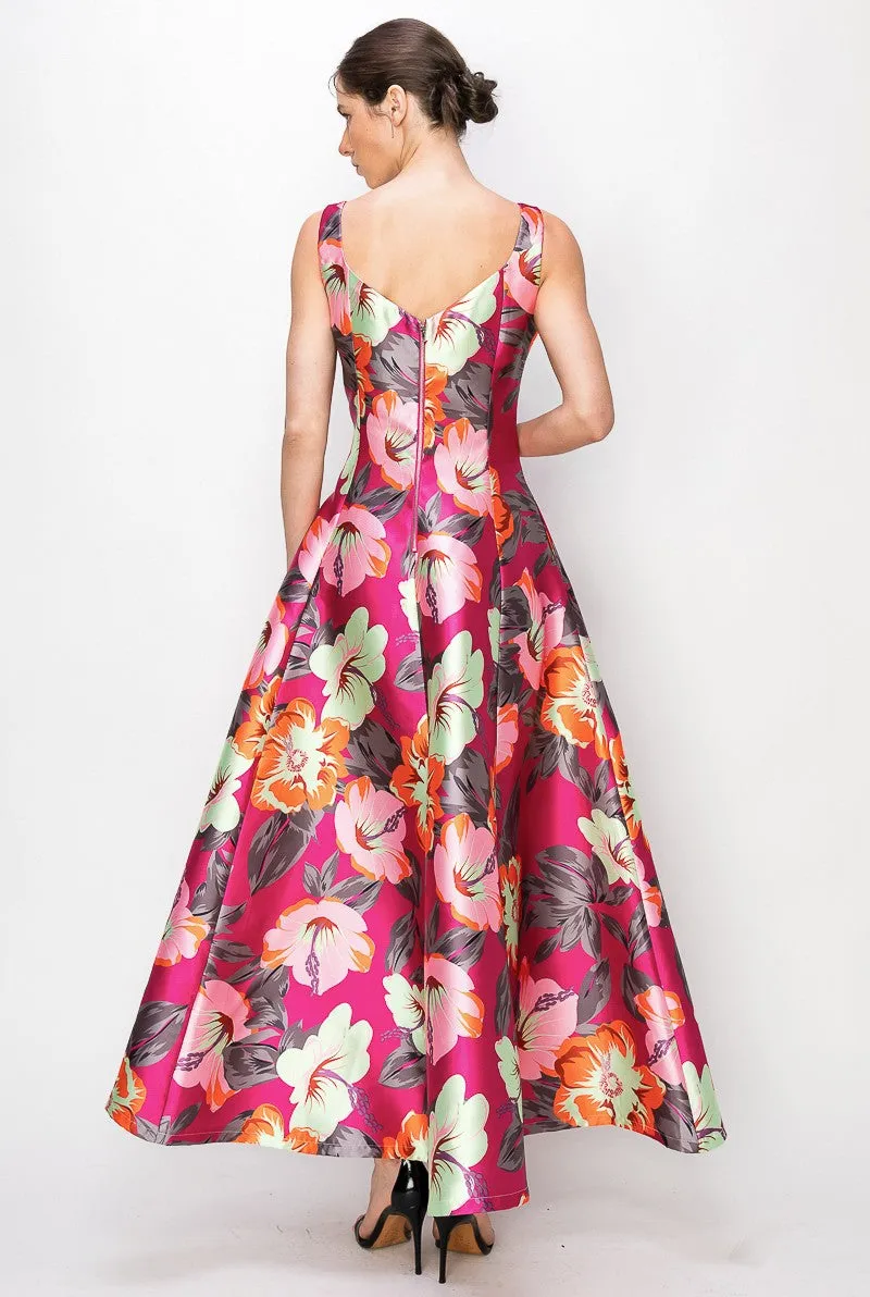 Pink Floral Flower Print Heart Neckline Sleeveless Maxi Skirt