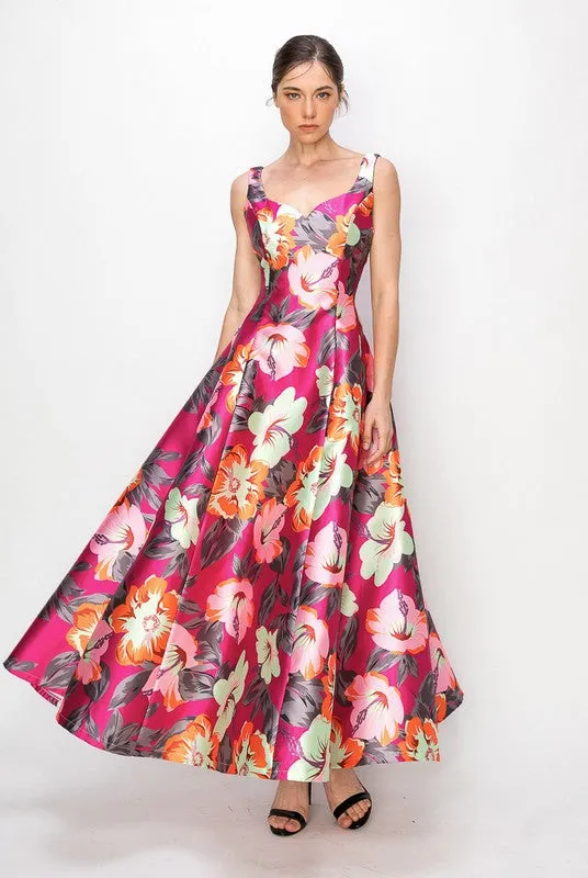 Pink Floral Flower Print Heart Neckline Sleeveless Maxi Skirt