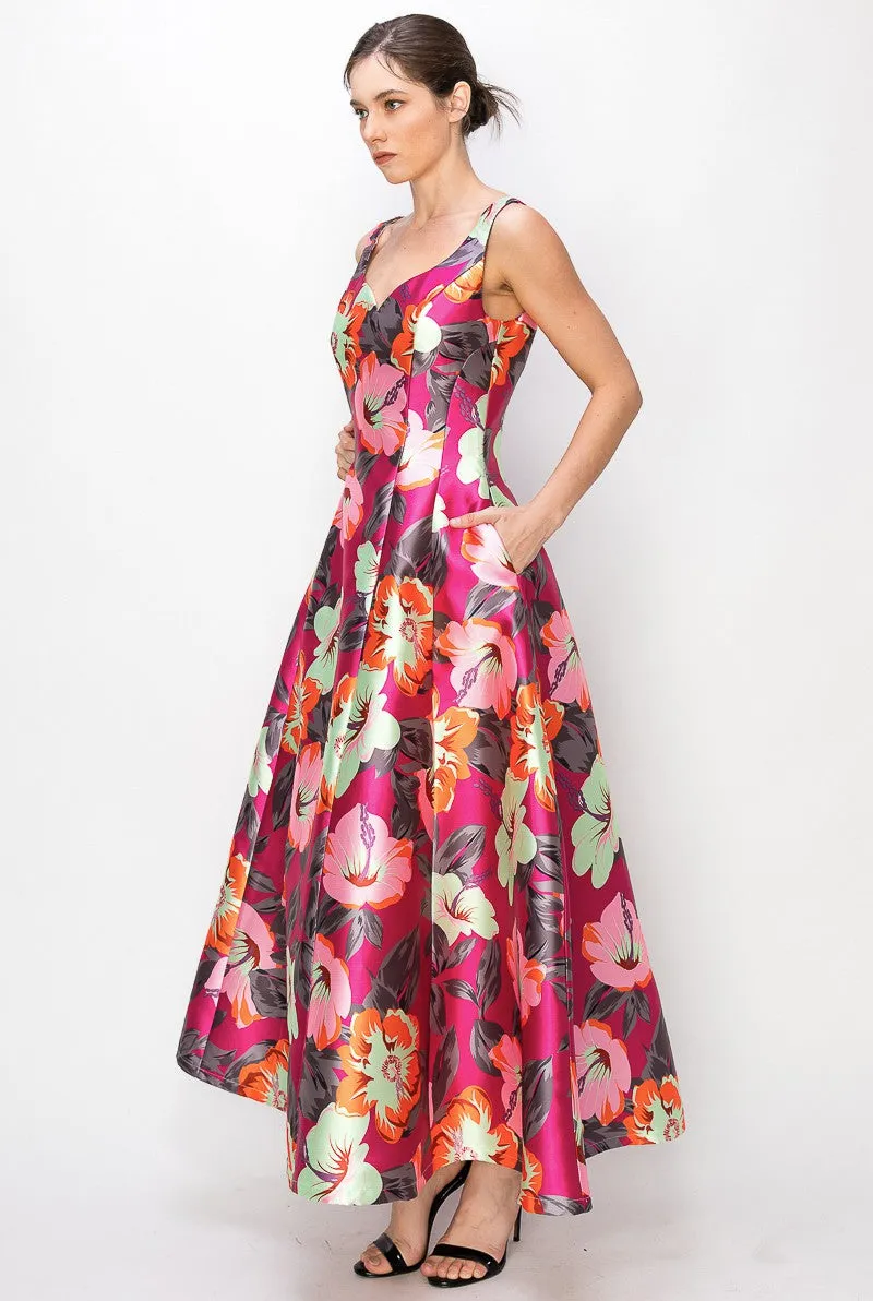 Pink Floral Flower Print Heart Neckline Sleeveless Maxi Skirt
