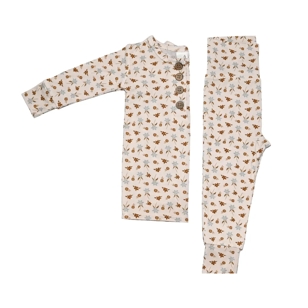 Top   Bottoms Set - Blue & Brown Floral